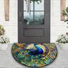 1Pcs Peacock Feather Design Pattern Durable Polyester Semi Circle Welcome Doormat Non-Slip for Outdoor Patio Porch Kitchen Bathroom Entryway Floor Mat