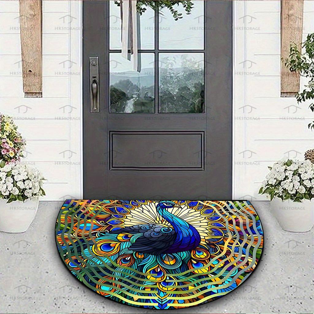 1Pcs Peacock Feather Design Pattern Durable Polyester Semi Circle Welcome Doormat Non-Slip for Outdoor Patio Porch Kitchen Bathroom Entryway Floor Mat