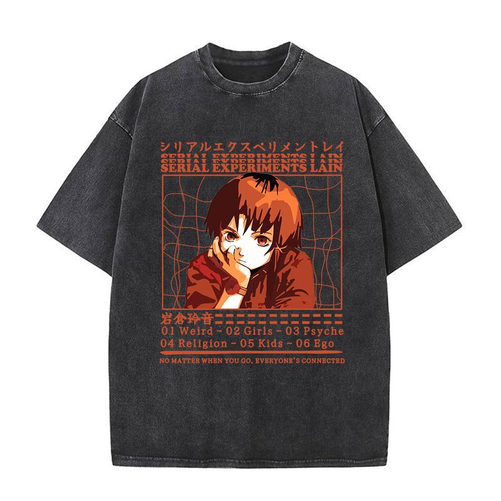 Japanese Anime Serial Experiments Lain Vintage Washed T Shirt Manga Iwakura Girl Sci Fi T-shirts Men 100% Cotton Casual T Shirt