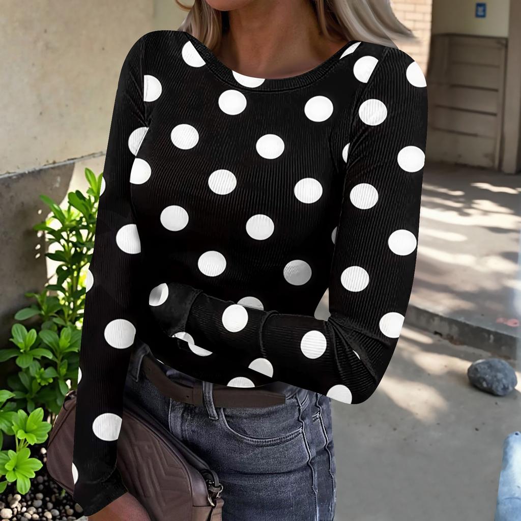 Women Long Sleeve Crew Neck Polka Dot Print Ribbed Knit Casual Top Comfortable Loose Fit Pullover Blouse for Daily Wear