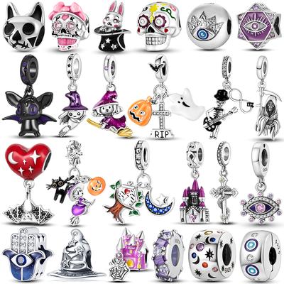 925 Silver Halloween Dangle Skeleton Witch Devil's Eye Skull Charms Bead Fit Original Bangle Bracelet Necklace Jewelry