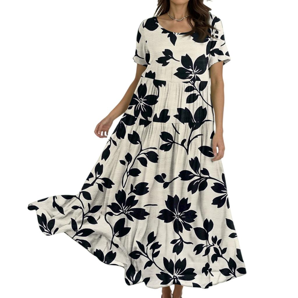 Damen Lässiges Lockeres Böhmisches Kleid mit Blumenmuster und Kurzen Ärmeln