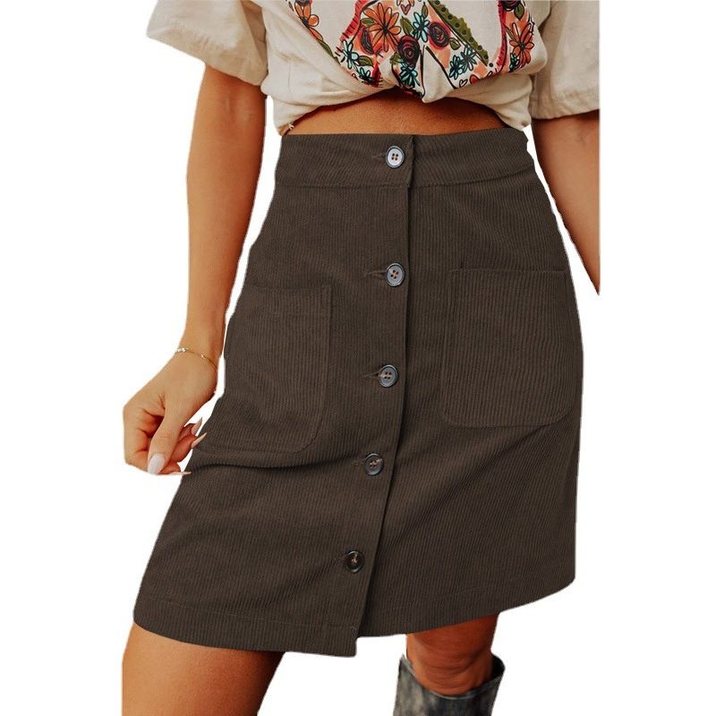 Solid Color Buckle Belt Pocket Waist Skirt Solid Buckle Sheath Skirt