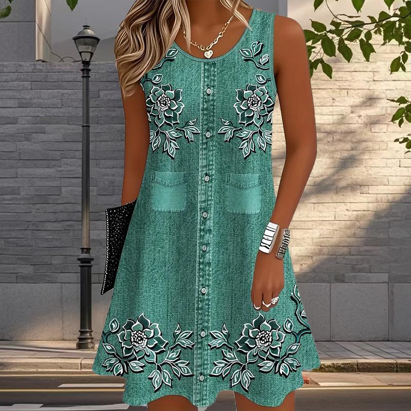Women's Cowboy Printed Sleeveless Round Neck Dress Loose Soft and Comfortable Plus Size Dress