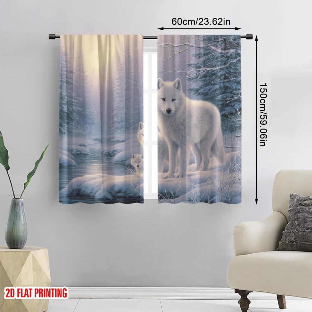 Set Of 2 Flat Printing Curtains Winter Wolf Pack Snow Digital Printed Polyester Drapes Festive Portraits Curtain