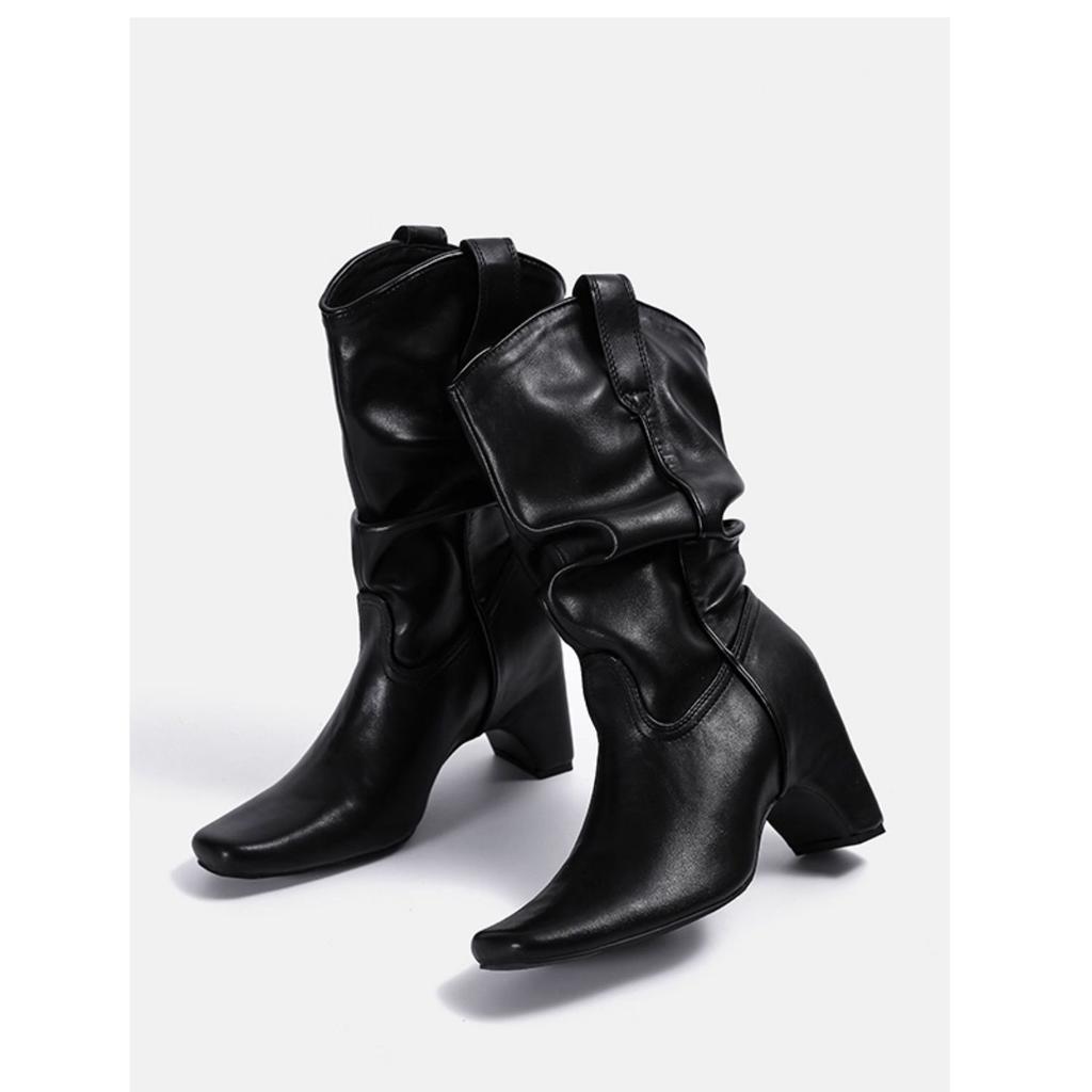 Square head pleated stacking boots 2025 new thick heel V mouth western cowboy boots retro thin sleeve knight short boots
