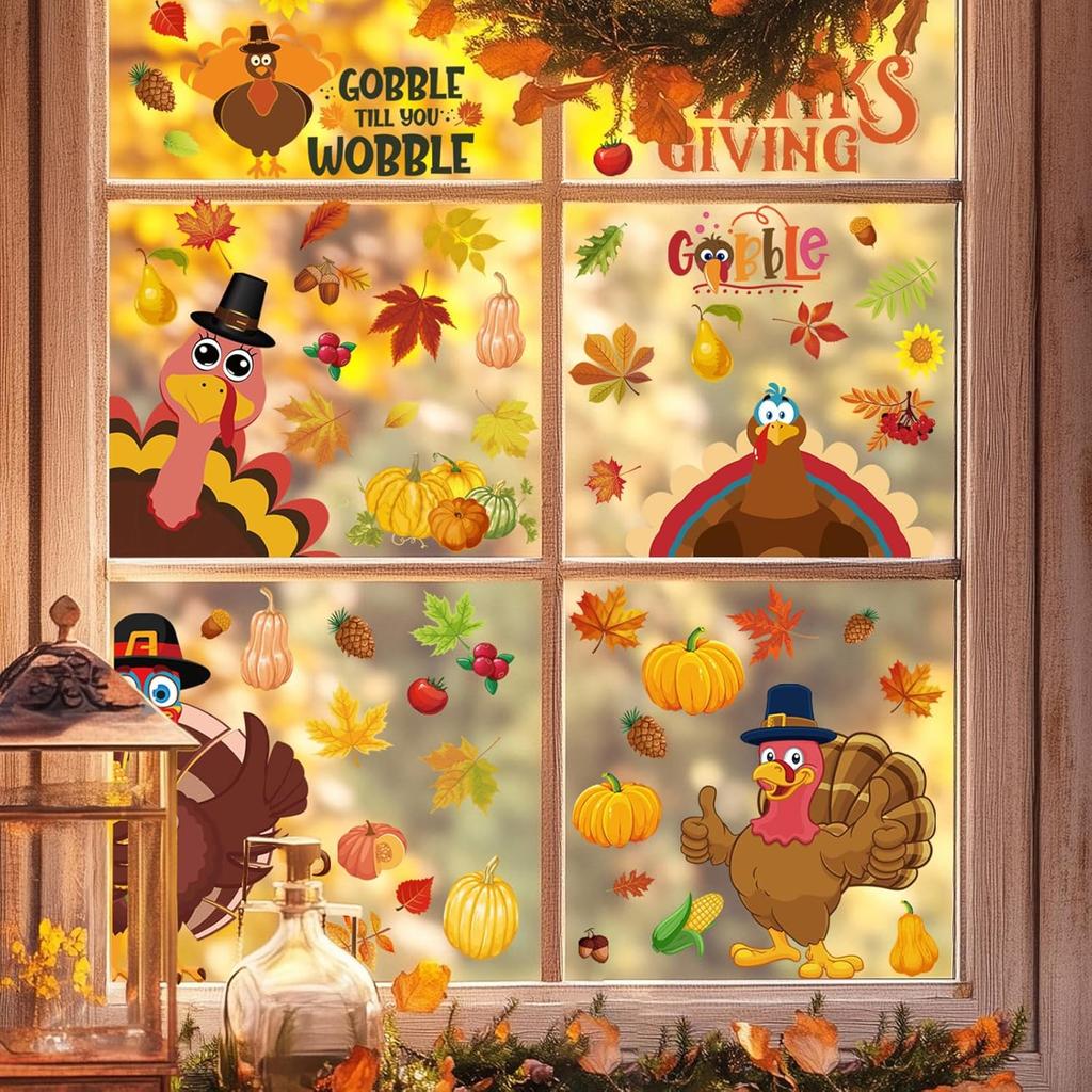 143 Pcs Thanksgiving Window Clings for Glass Windows Fall Window Stickers Seasonal Turkey Pumpkin Maple Leaf Decals Decorations for Thanksgiving