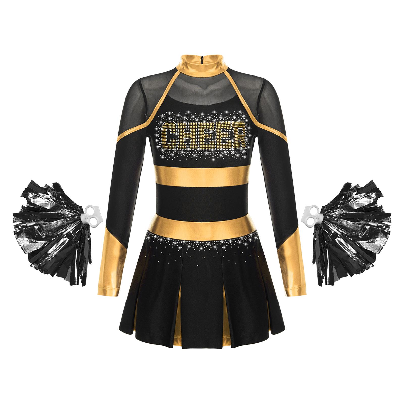 Mädchen Cheerleading Tanzset Glitzernde Strasssteine Buchstabenmuster Langarm Faltenkleid mit Handblumen 7-8 Years schwarz/gold