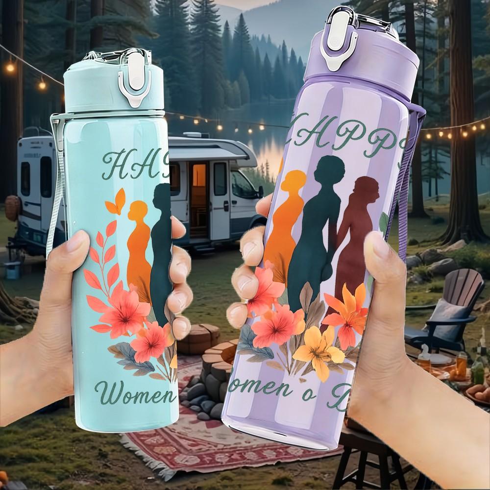 1PC Happy Womens Day Text Art Pattern 750ml Color Plastic Sports Water Bottle Leakproof Flip Straw Lid Suitable for Sports Office Home Use