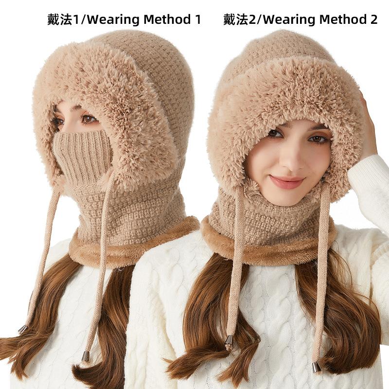 Women Fleece Lined Knit Hat Set Winter Warm Knitted Hat 3 in 1 Hooded One Piece Snow Cap W/Scarf & Mask for Cold Weather Protect