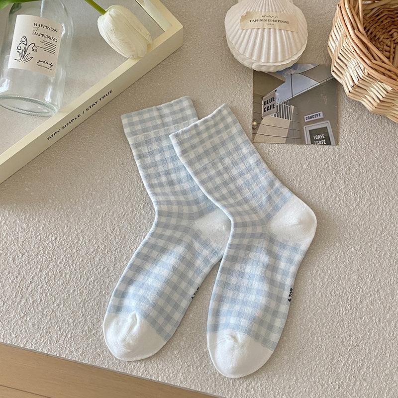 

Blue Plaid Girly Ruffle Bow Socks – Mid-Calf Cotton, Sweet Japanese Style for Girls One Size
