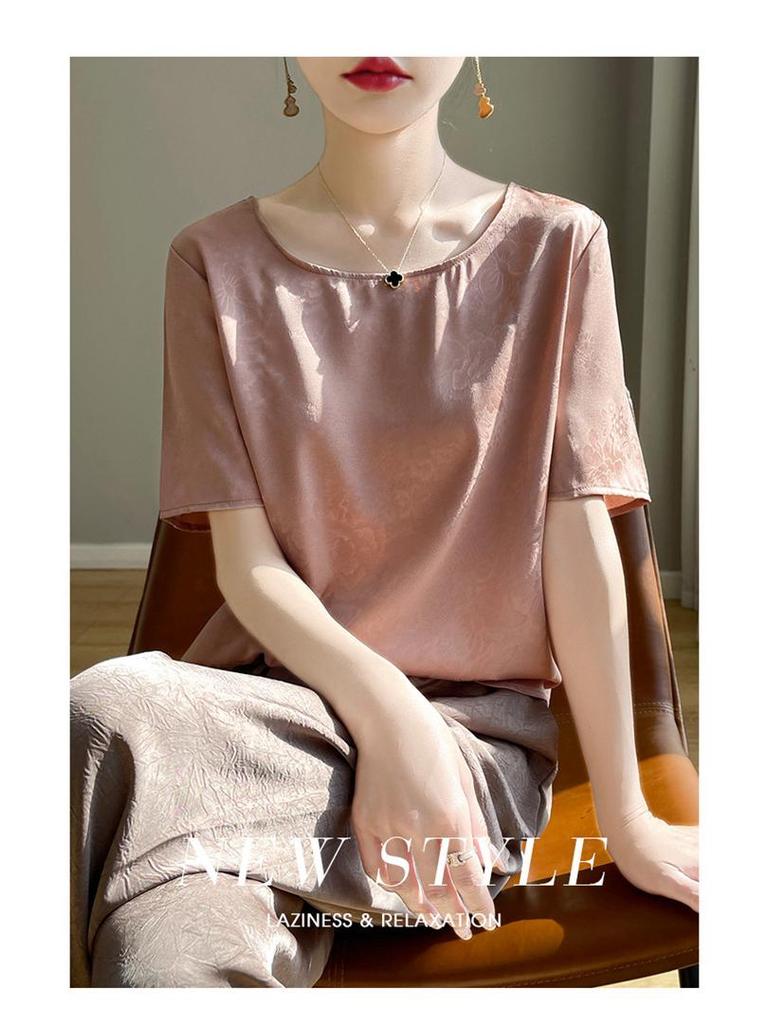 Damen Satin Rundhals Fünf-Ärmel Locker Geschnittenes Sommer T-Shirt