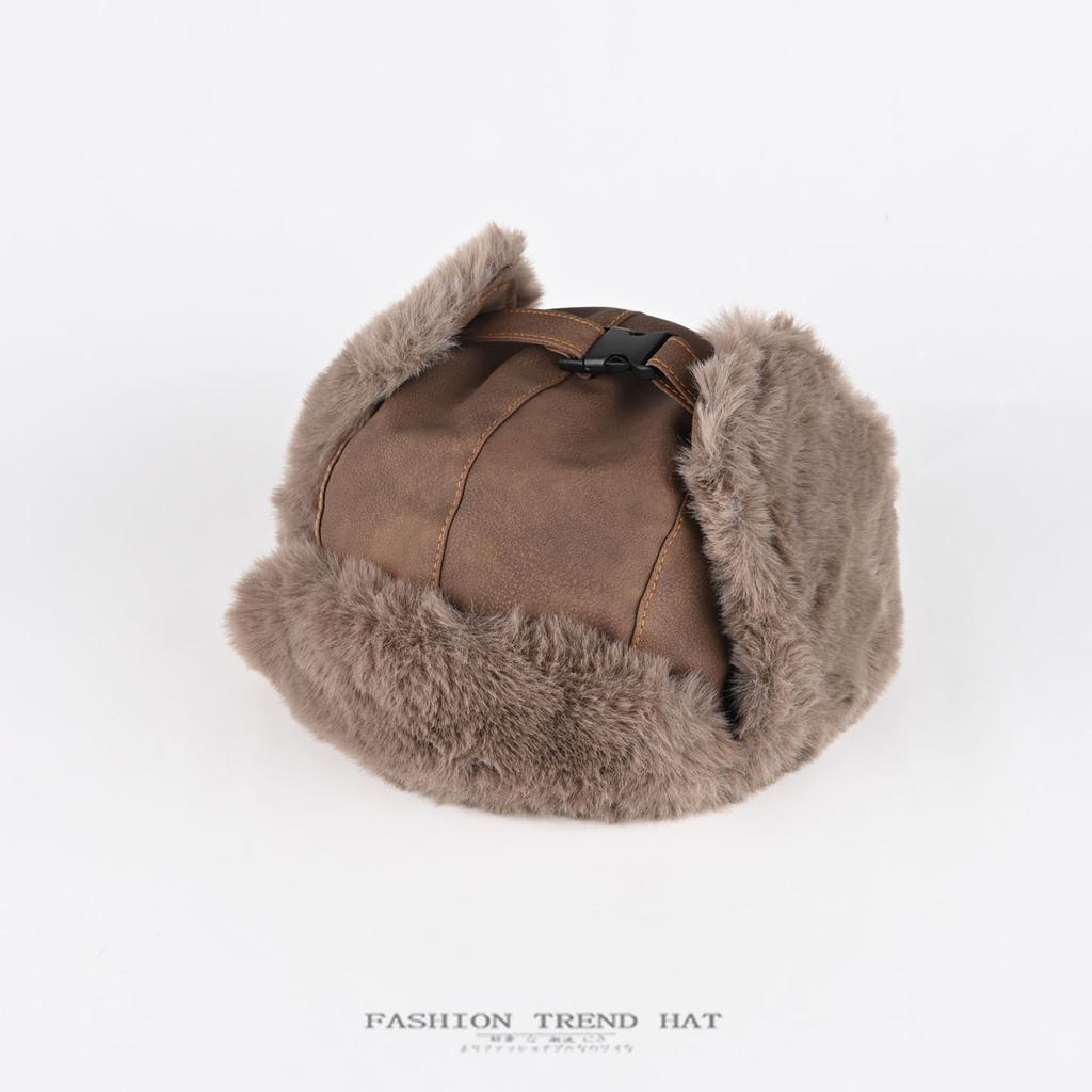 Retro leather hat men's and women's winter thickened and velvet warm ear protection hat cold pilot hat tide