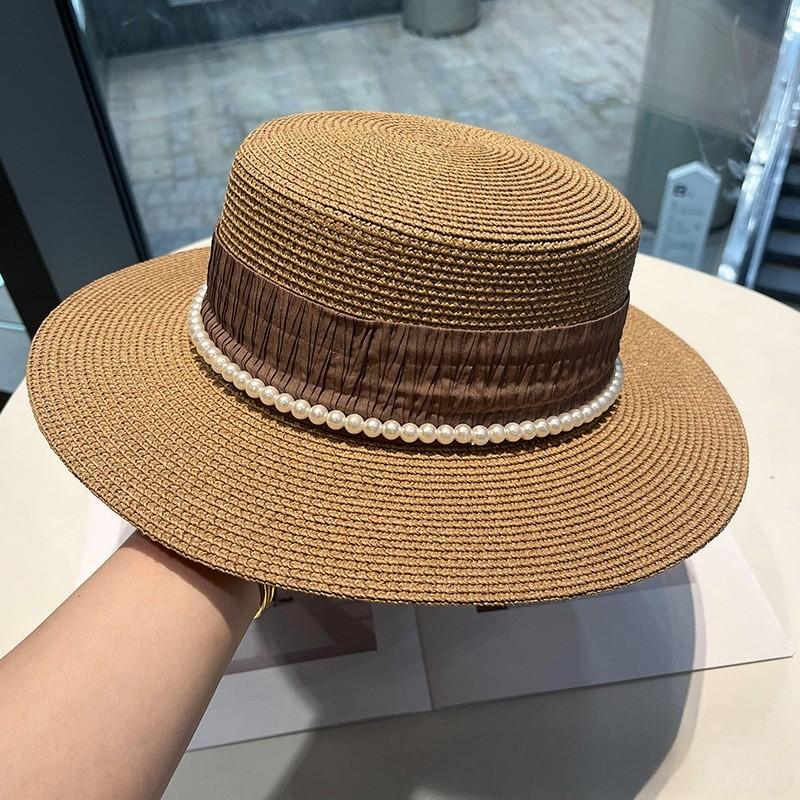Summer Straw Hat With Pearl Chain And Wide Brim For Beach Sun Protection