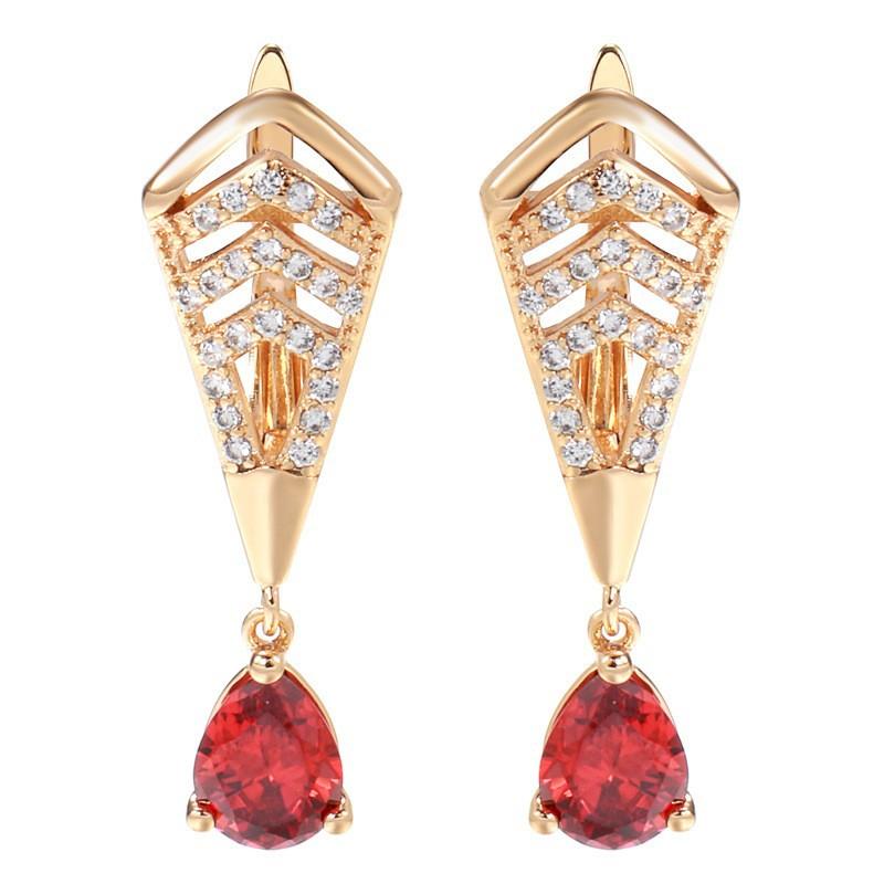 

Korean and Japanese temperament simple rose gold earrings, fashionable temperament long water drop red zircon earrings women s jewelry