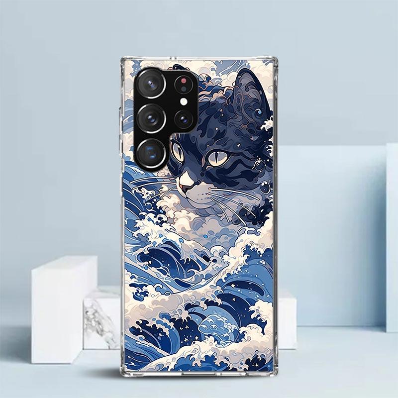 Anime Cat Sea Wave Aesthetic Phone Case For Samsung Galaxy S24 S25 Edge S26 Ultra S22 S23 Plus S21 + S20 FE Soft TPU Back Cover