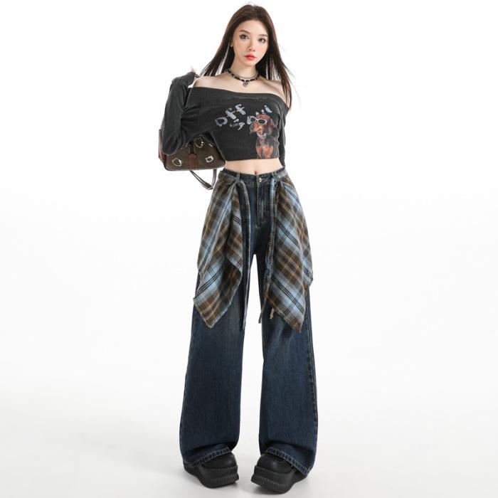 

Женские осенние модные джинсы с высокой посадкой и широкими штанинами - Свободные, прямого кроя, универсальные и стройнящие S