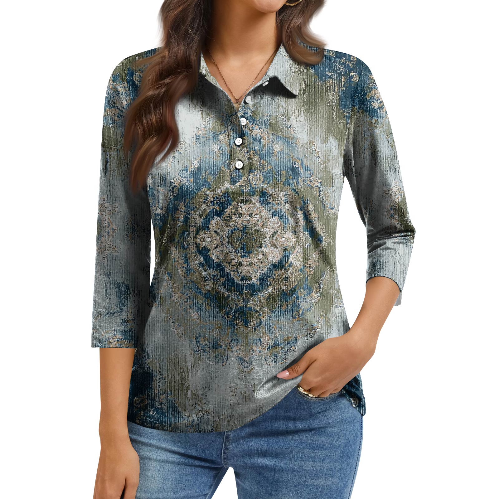 

Women s Fashion Casual Lapel Short 3/4 Sleeve Print Shirt Women s Button Up Tops L