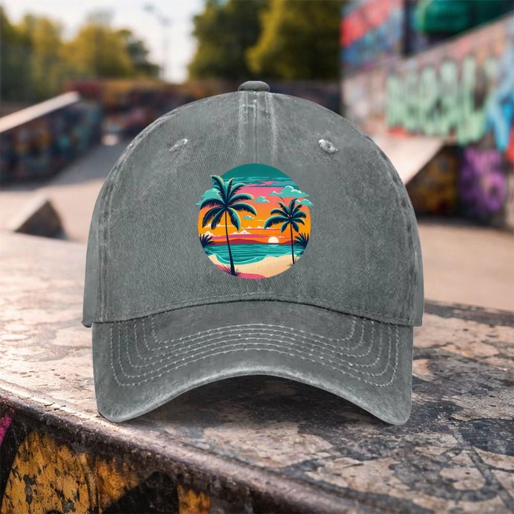 Tropical Sunset Palm Tree Baseball Cap Distressed Washed Cotton Adjustable Outdoor Beach Cap