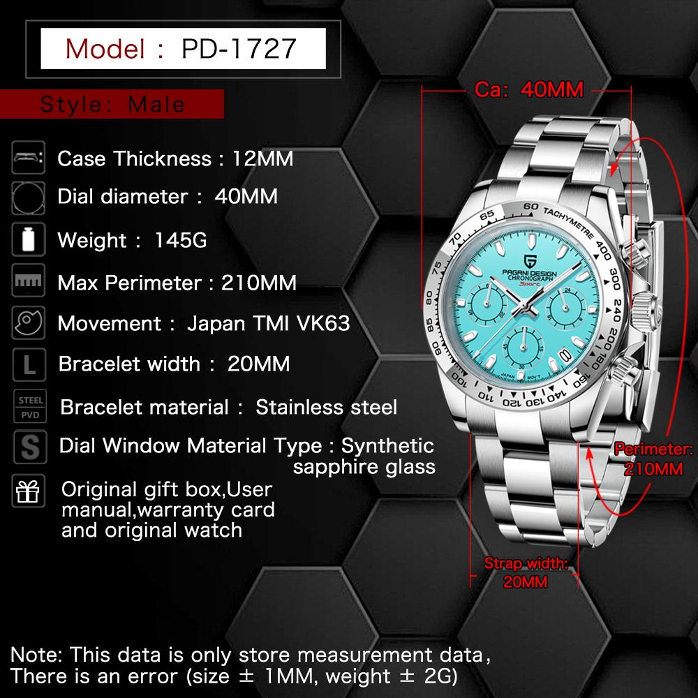 PAGANI DESIGN New Stainless Steel Bezel Men Quartz Wrist Watches Luxury Sapphire Glass Chronograph VK63 Watch Men