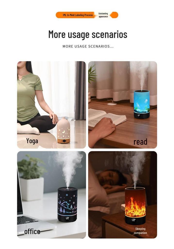 USB RGB Flame Aroma Diffuser: Silent Timer, Large Mist Volume, Essential Oil Fragrance, Perfect for Home Use.