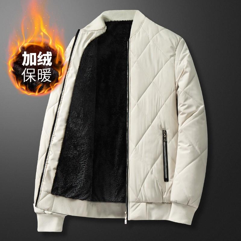 Mens Winter Baseball Collar Quilted Jacket Fleece Lined Warm Thick Plaid Cotton Coat Middle Aged