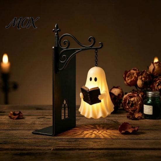 Halloween-Thema Buch-Organizer Gotische Metall-Buchstützen mit Hängeleuchte, Katze Rabe Geist Dekorativ Schwarz Heimdeko Bücherregal Lampe, Vintage