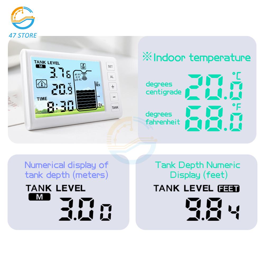 Ultrasonic Wireless Water Tank Liquid Level Meter Temperature Sensor Level Monitor Time Display Low Battery Indicator Alarm