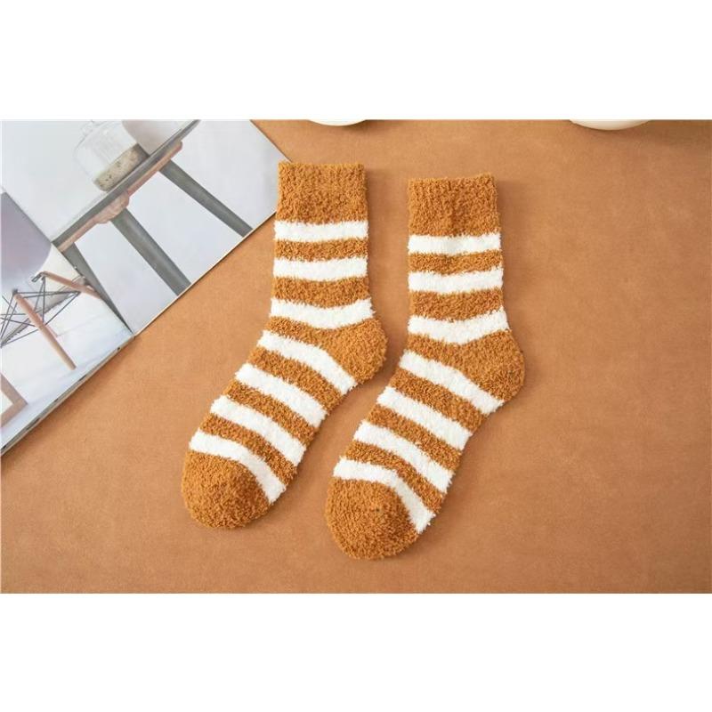 Coral Wool Socks - Men's Striped Half-wool Mid-calf Socks - Non-shedding, Thick and Warm Floor Socks, Home Wear Socks, with Added Wool Padding