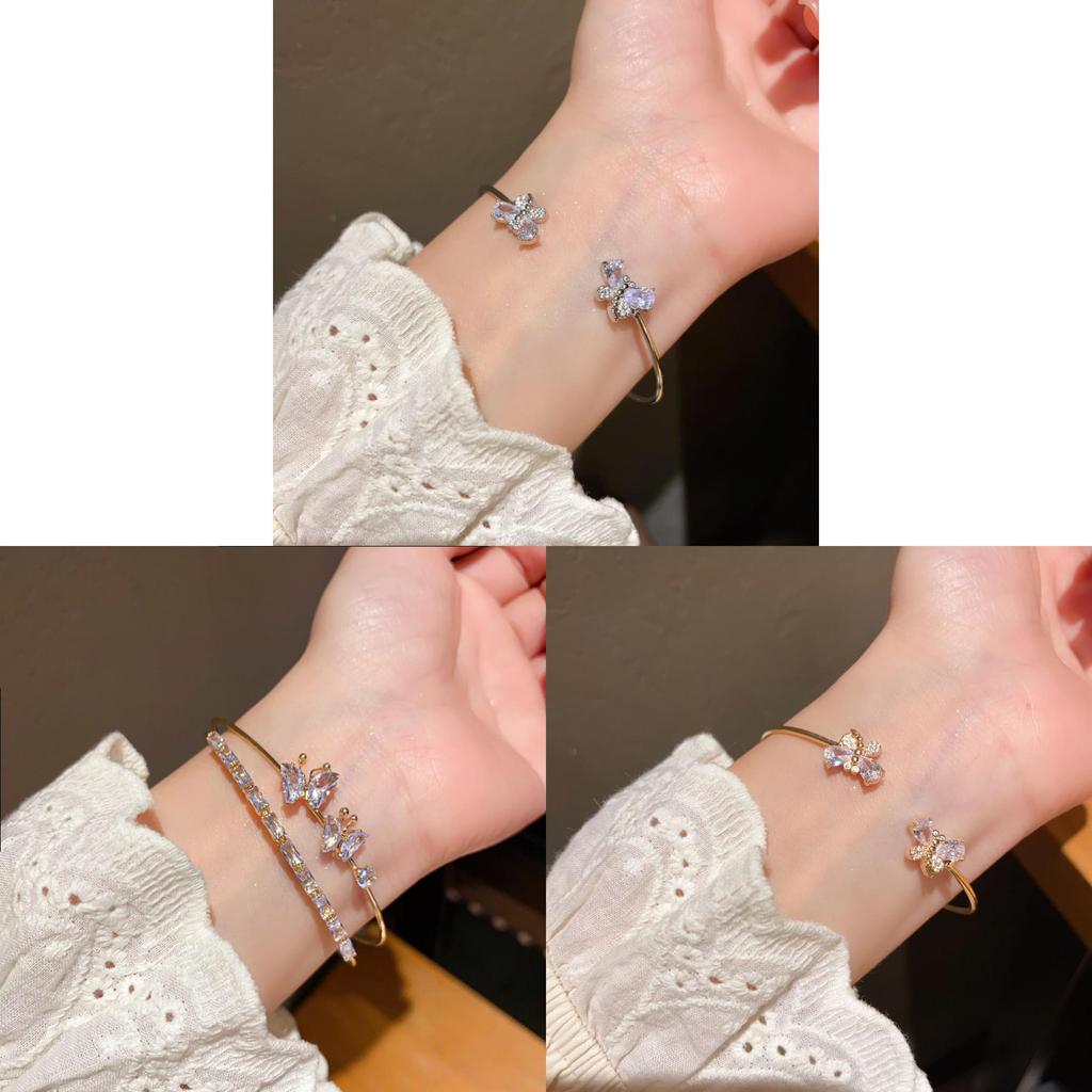 Butterfly Charm Double Layer Open Bracelet With Cubic Zirconia For Fashion Women