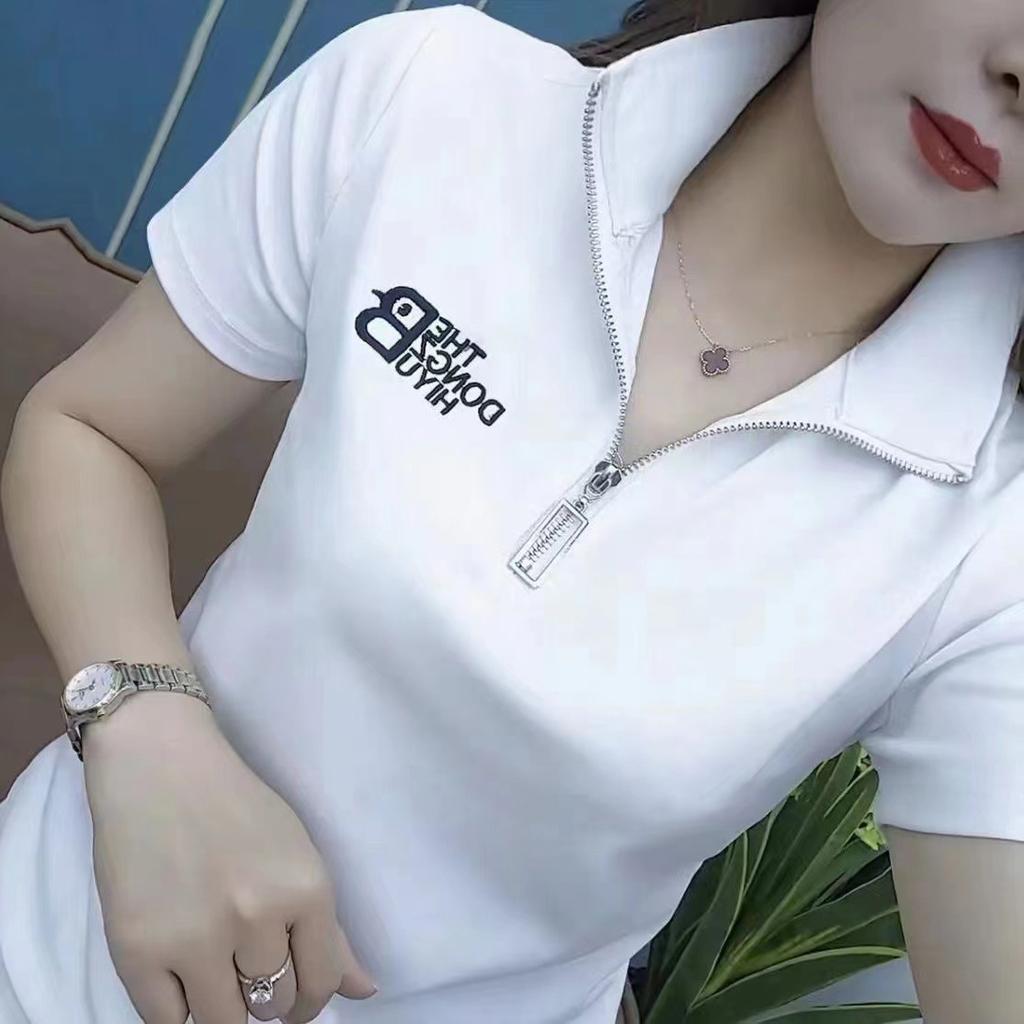 Summer Simple and Versatile and Fashionable Solid Color New Lapel Short-sleeved T-shirt Women's Top POLO Shirt