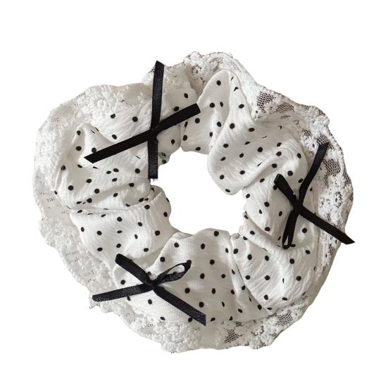 

Hair Tie Dot Print Lace Splicing Bowknot Decor Hair Band High Elasticity Soft Fabric Ponytail Holder Hair білий