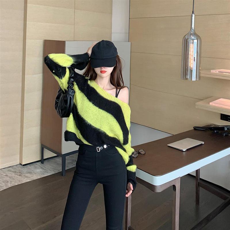 Pullover Off Shoulder Striped Sweater Mode Lockerer und fauler Strickpullover Mantel Damen Langarmshirt Herbst