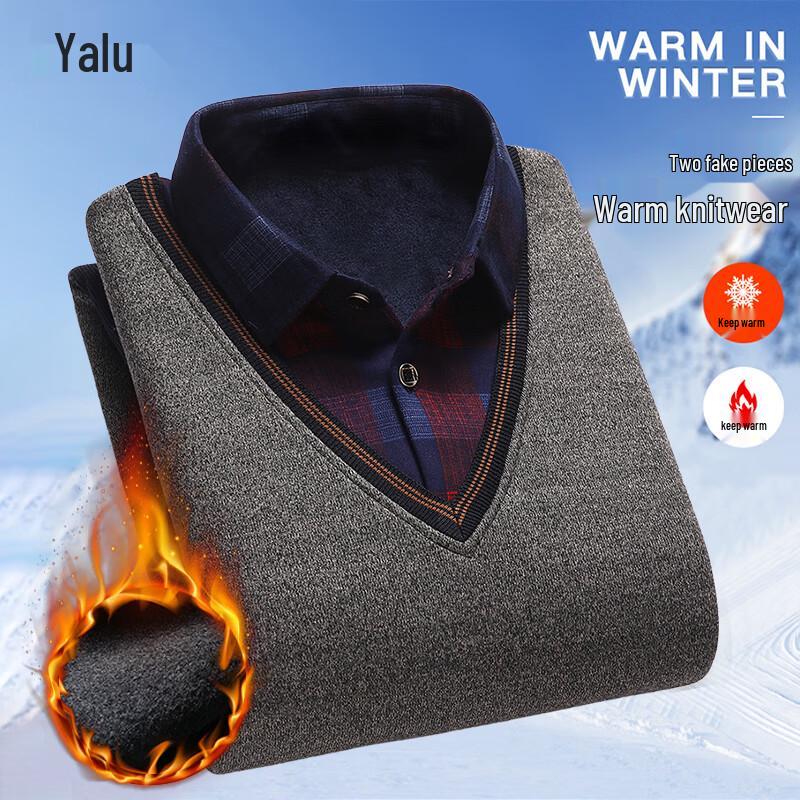 Men s Faux Two-Piece Fleece-Lined Shirt Collar Sweater 4XL