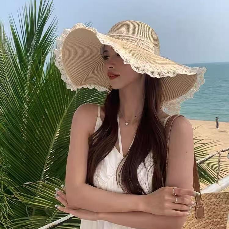 My Extreme Outdoor Activities Women's Beige Large Brimmed Lace Bow Grass Sun Hat Fresh Versatile Beach Hat For Summer Outings And Vacations By The Seaside 56-58Cm