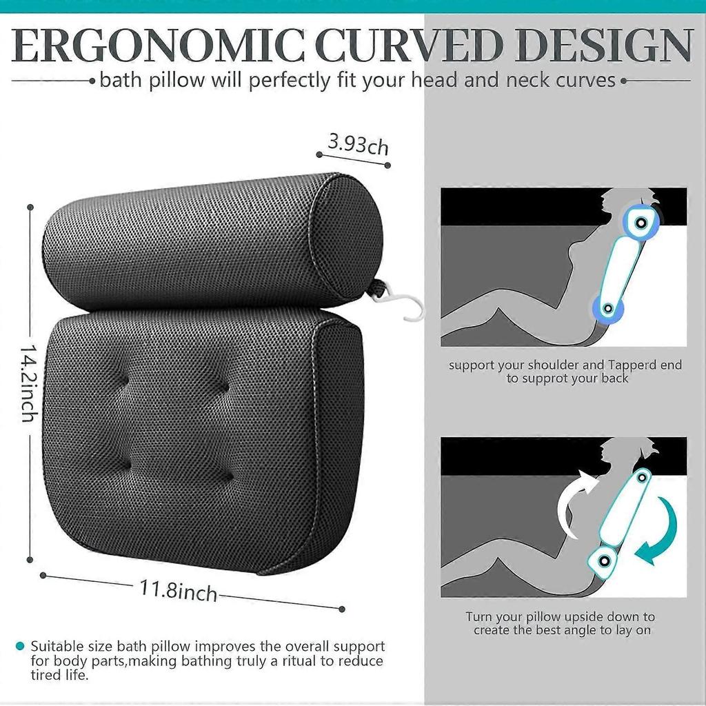 Bath Pillow for Head and Neck with 6 Non-Slip Suction Cups, Ergonomic Bathtub Pillow Home Spa Headrest