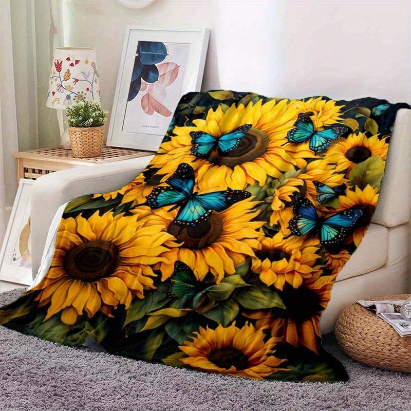 Sunflowers & Blue Butterfly Blanket - Lightweight Flannel Throw, Digital Print, Soft & Warm for Home & Travel 75X95CM