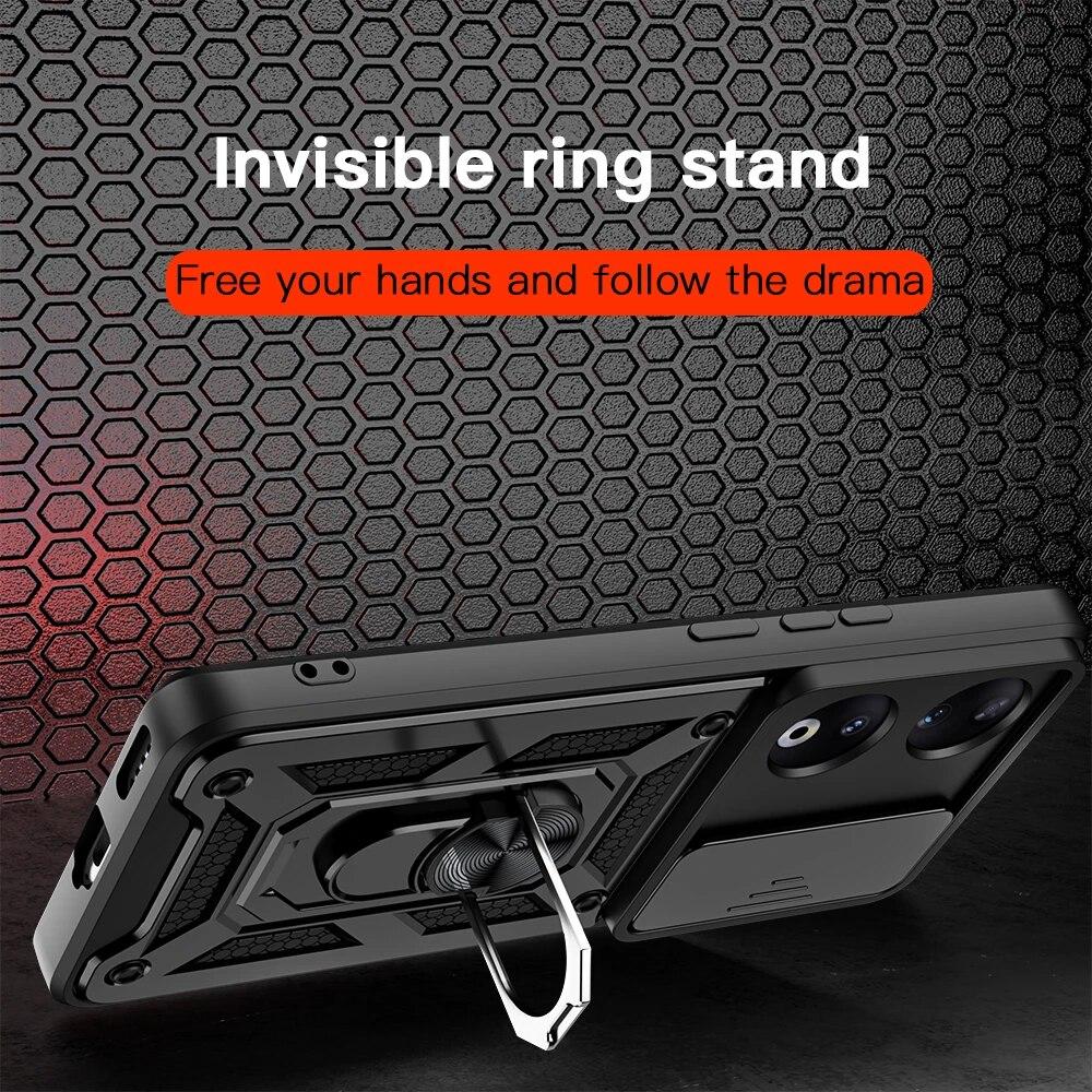 KEYSION Shockproof Case for Honor 90 5G 90 Lite 5G Slide Camera Lens Protection Ring Stand Phone Cover for Huawei Honor 70 Lite