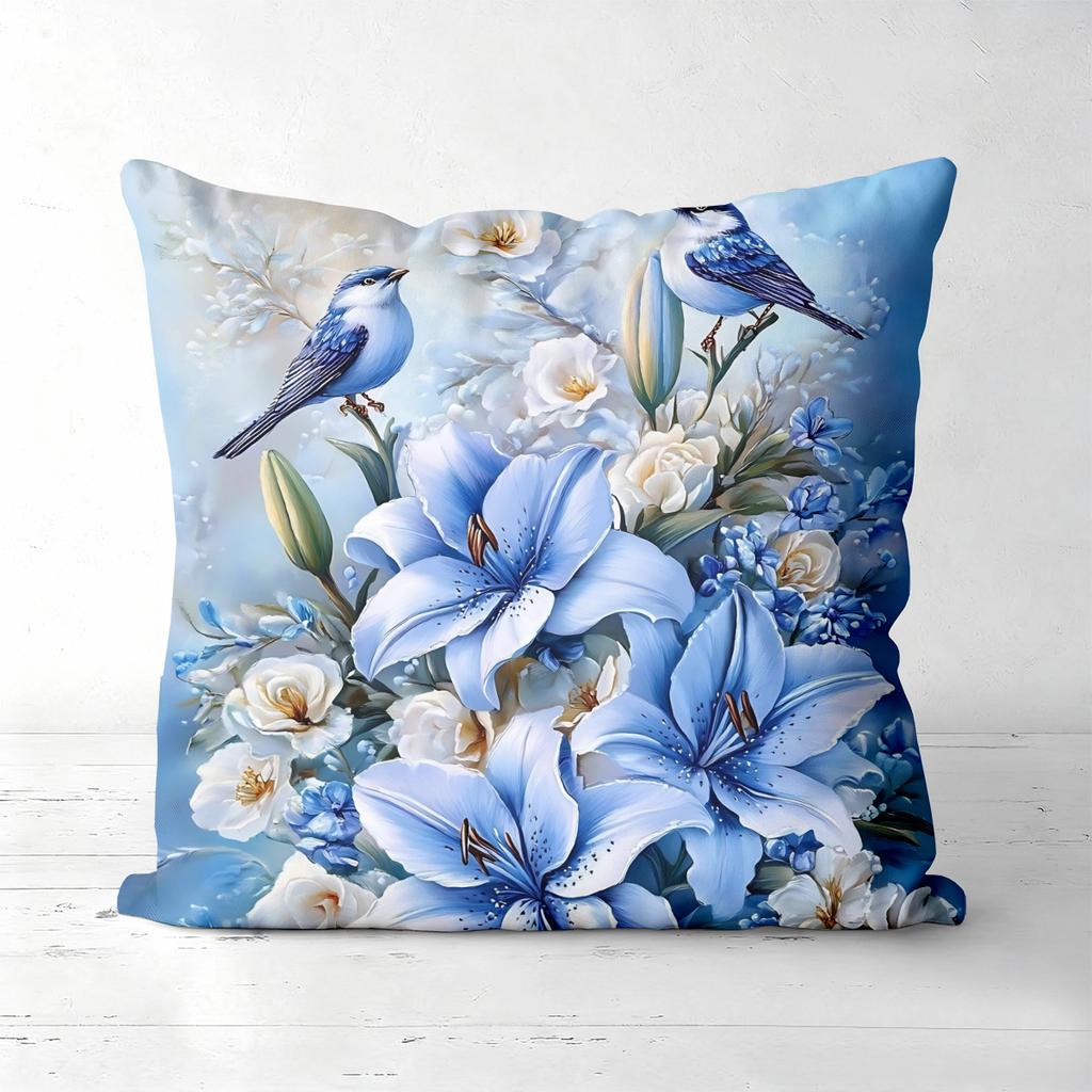 Blue Floral And Bird Pattern Decorative Cushion Covers Polyester Pillowcase, Sofa Decorative Cushion Cov Headboard Pillow