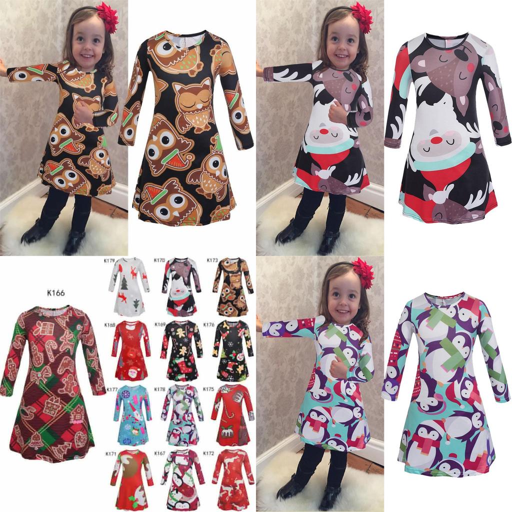 Christmas Kids Dress Girl Santa Claus Elk Long Sleeve Party Birthday Gift