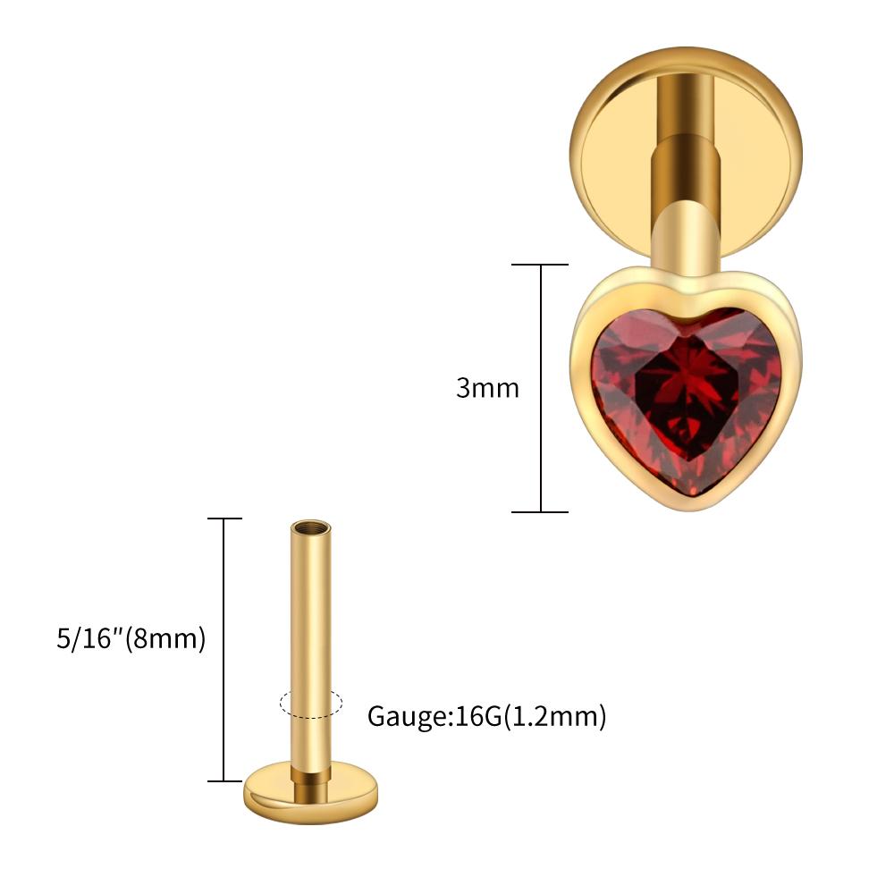 Right Grand ASTM F136 Titanium Heart Shaped CZ Flat Back Labret Stud 16G Garnet Cartilage Helix Ear Piercing Halloween Jewelry