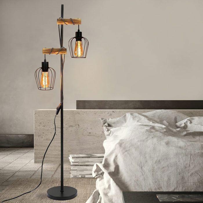 Lampadaire salon sur pied NETTLIFE - en bois, Style industriel rétro, 2 douilles E27, hauteur 151 cm, abat-jour en métal