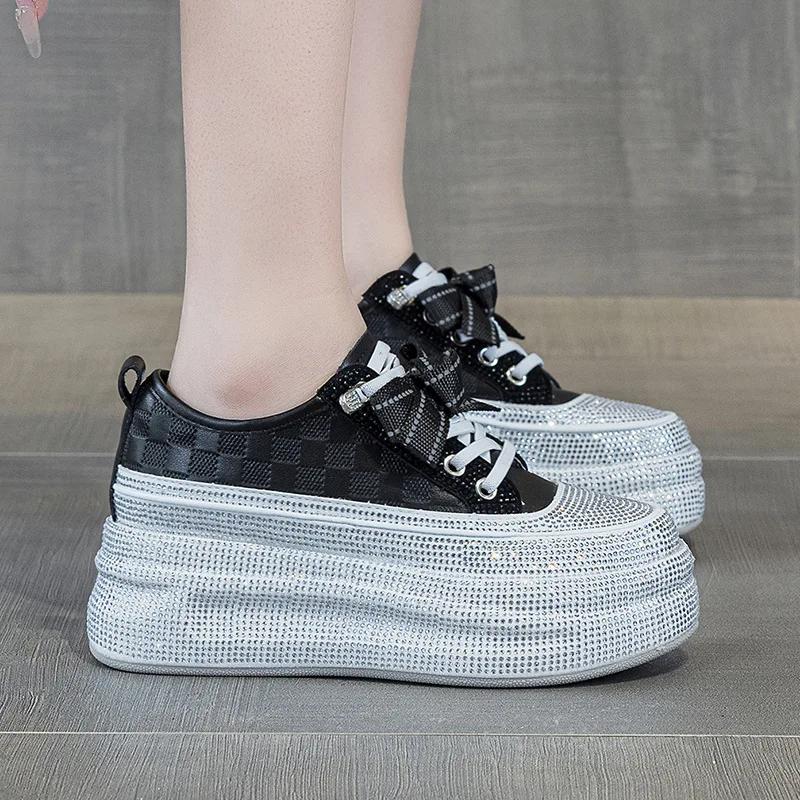 Fashion 7CM Genuine Leather Ankle Boots Shoes Elastic Chunky Sneakers Comfy New Summer Spring Pumps Fashion Vulcanize Women Casual Shoes