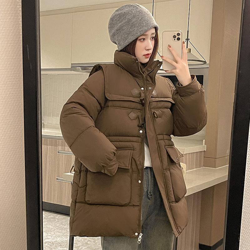 Winter New Style Waisted Horn Button Mid-length Cotton Coat for Women, Fashionable Slim Down Cotton Coat, Stand Collar Jacket