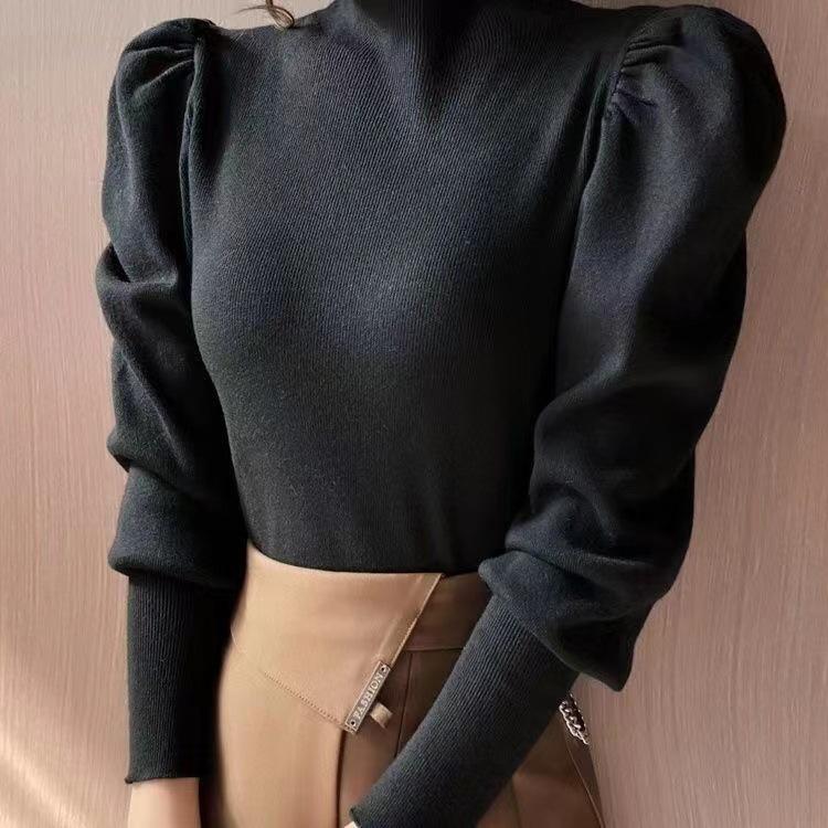 Half High Neck Sweater with Bubble Sleeves Knitted Sweater for Women In Autumn and Winter
