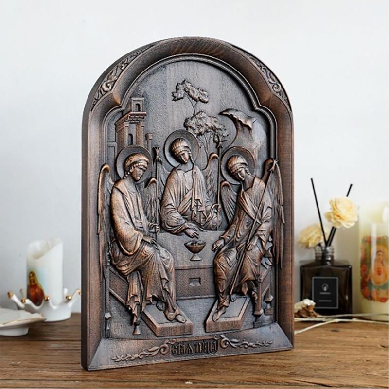 Holy Trinity Icon Wooden Wall Art - Hand Carved Father Son Holy Spirit Orthodox Decor, Catholic Christian Home Altar Hanging Pla