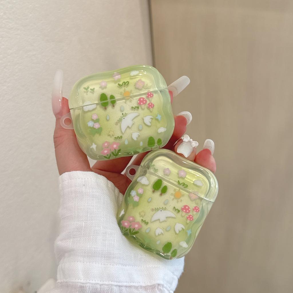 Fresh Green Forest Garden Swallow Wavy Edge With Pendant Shock Proof Earphone Cover Case for AirPods 1 or 2 3 4 Pro 2 Pro 3