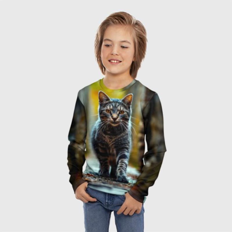 Children's Cartoon Cute Kitten Print T-shirt Boys Cute Long Sleeved Soft Comfortable Top