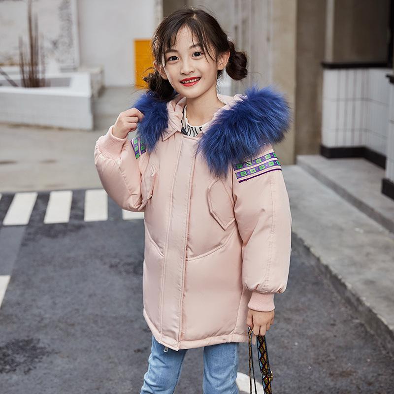 Ropa para Niños Chaqueta de Plumón para Niñas Largo Medio Estilo Coreano Ropa Nueva para Niños Cuello de Piel Suelta Invierno