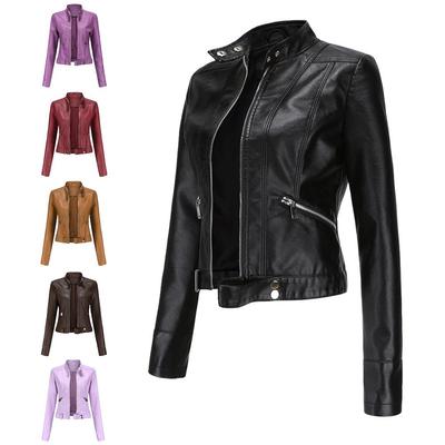 2021 Women's Stand Collar Leather Jacket - Short, Lightweight, and Ideal for Spring/Autumn